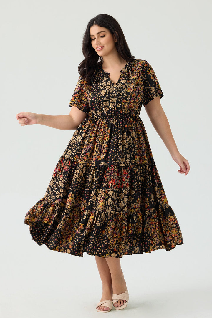 Pockets Elasticated Waist Tiered Casual Chic Midi Dress