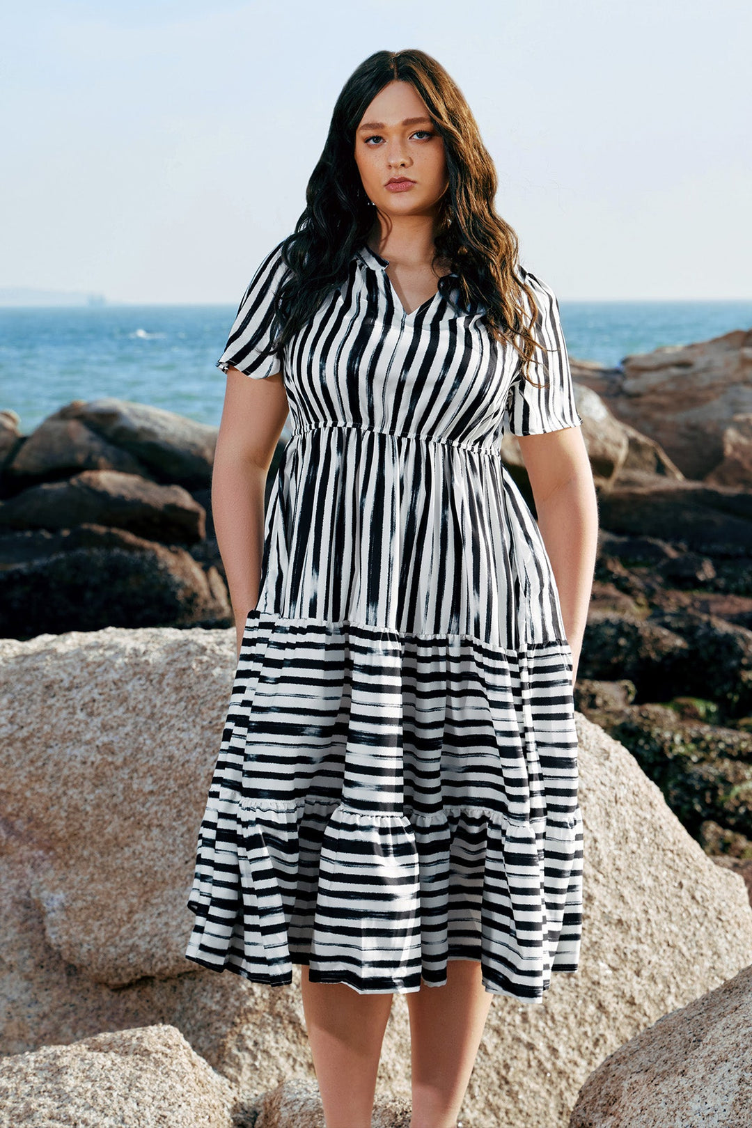 Pockets Elasticated Waist Tiered Casual Chic Midi Dress