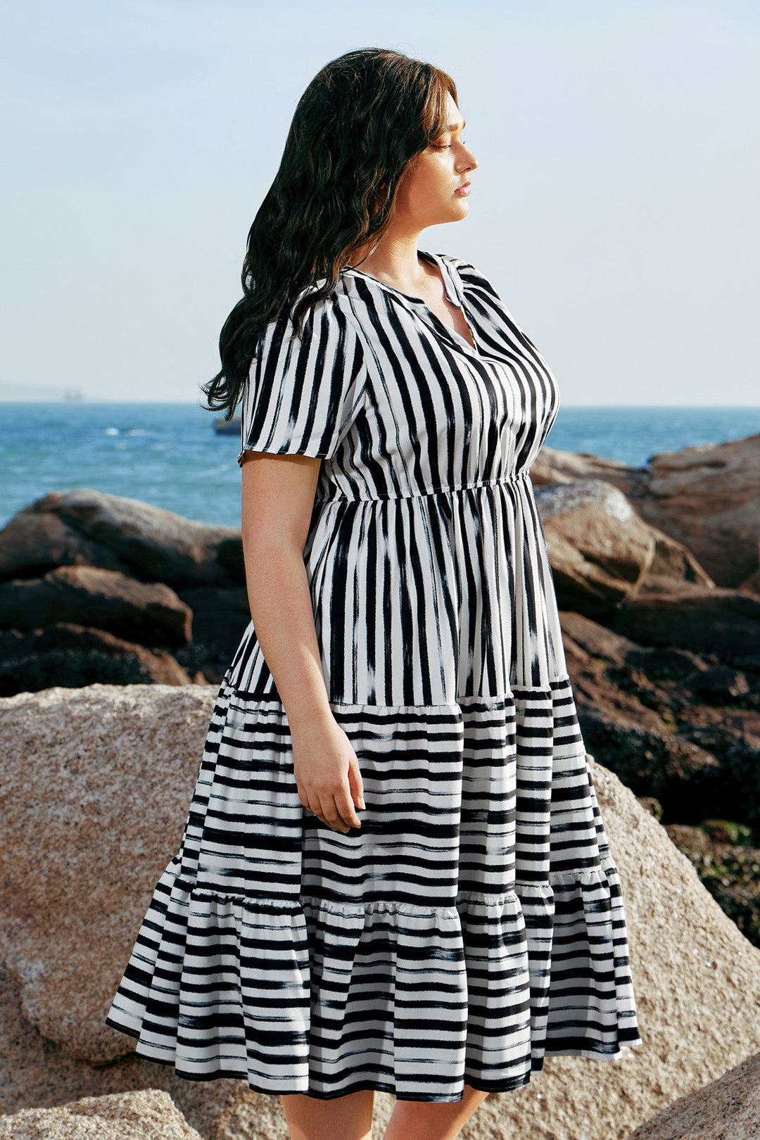 Pockets Elasticated Waist Tiered Casual Chic Midi Dress