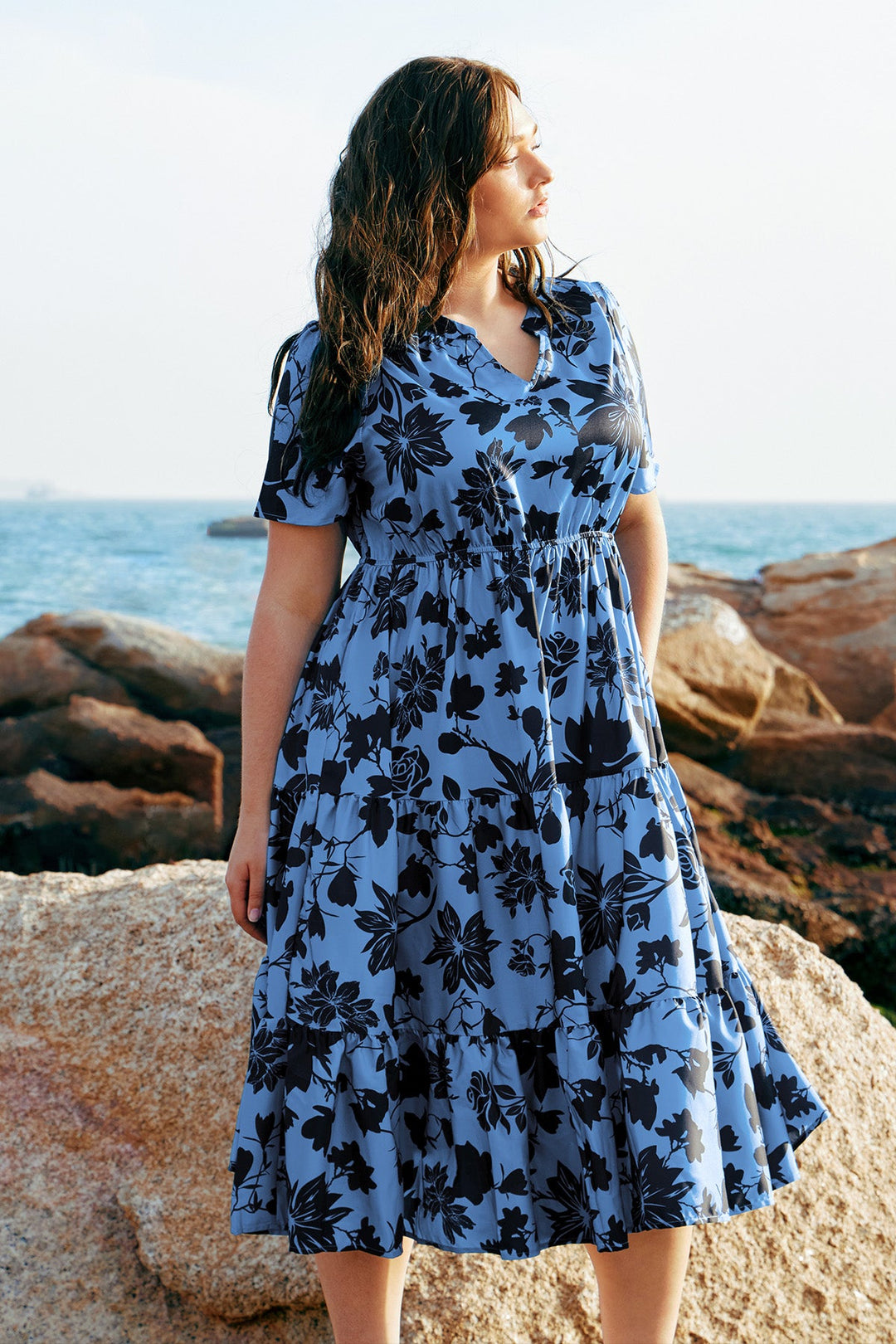 Pockets Elasticated Waist Tiered Casual Chic Midi Dress
