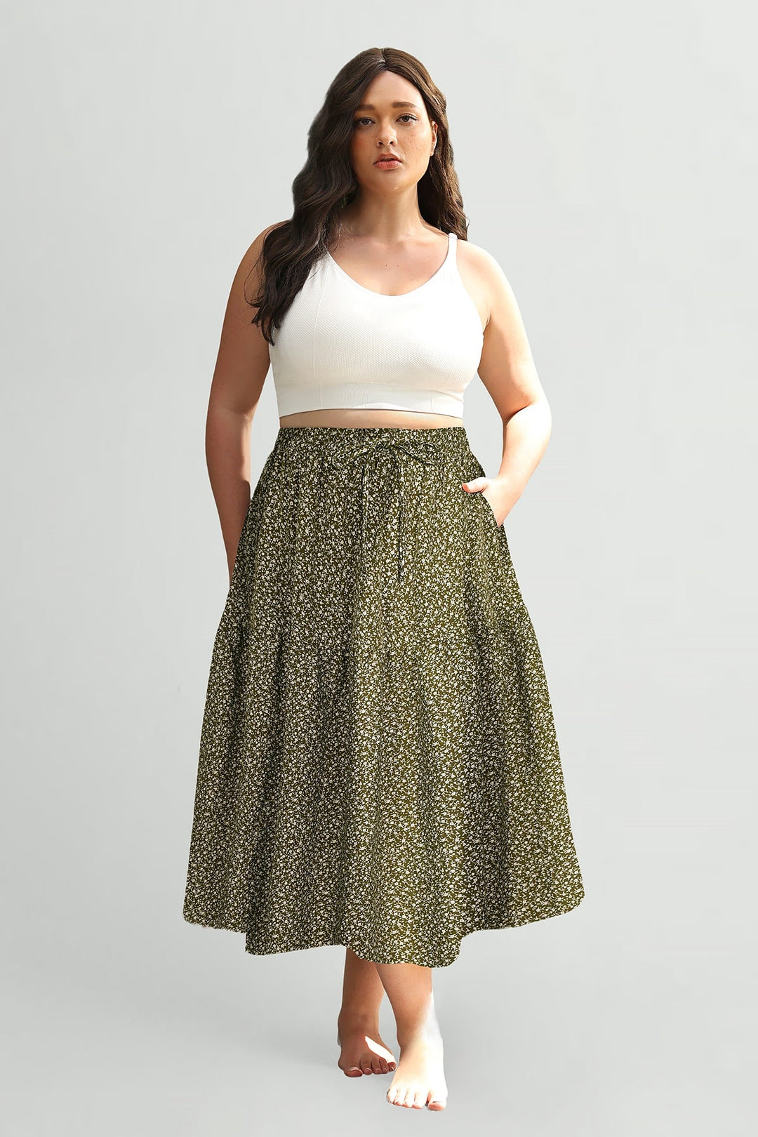 Pockets Drawstring Speckled Print A-Line Midi Skirt
