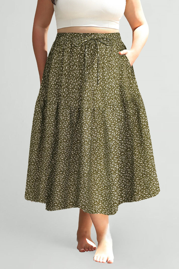 Pockets Drawstring Speckled Print A-Line Midi Skirt