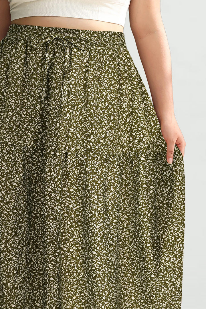 Pockets Drawstring Speckled Print A-Line Midi Skirt
