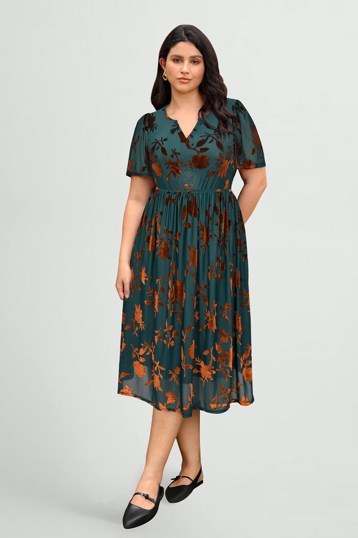Pockets Notched V-Neck Floral-Print Midi Dress