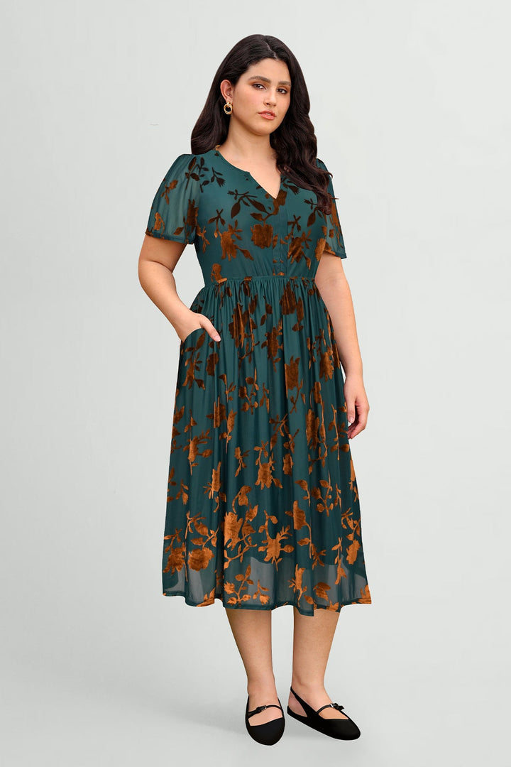 Pockets Notched V-Neck Floral-Print Midi Dress