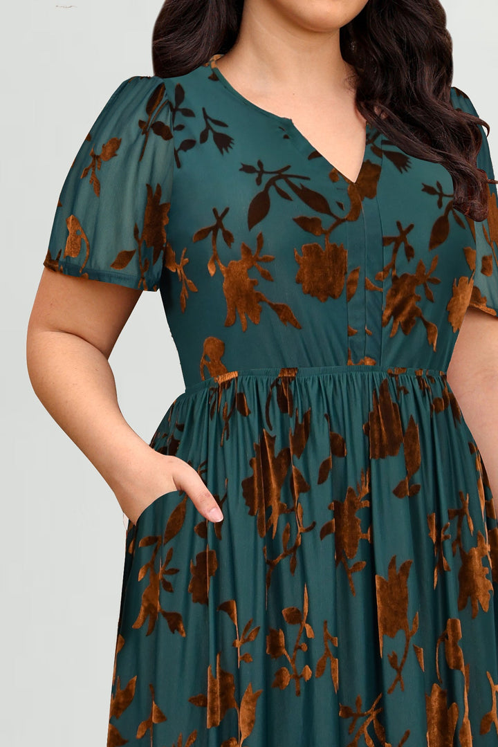 Pockets Notched V-Neck Floral-Print Midi Dress