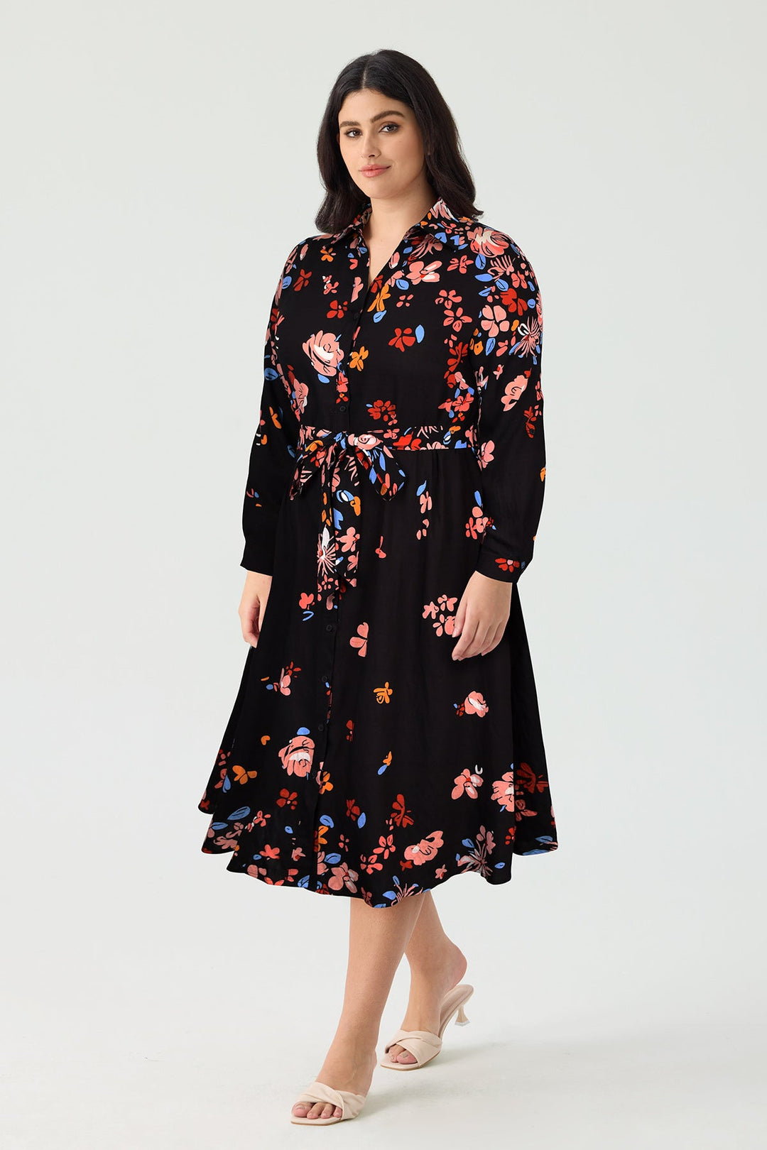 Pocket Floral Button Front Midi Dress with Tie Waist Belt