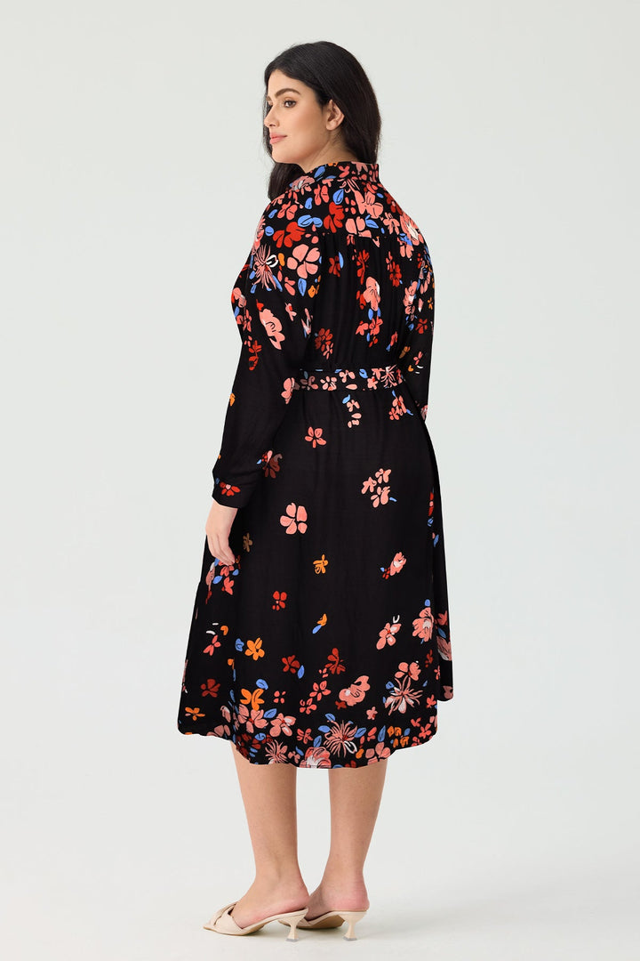 Pocket Floral Button Front Midi Dress with Tie Waist Belt
