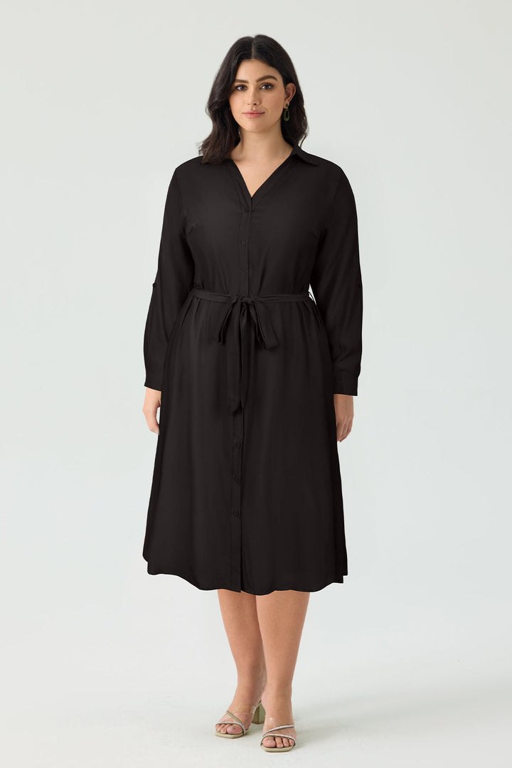 Pocket Plain Button Front Midi Dress with Tie Waist Belt