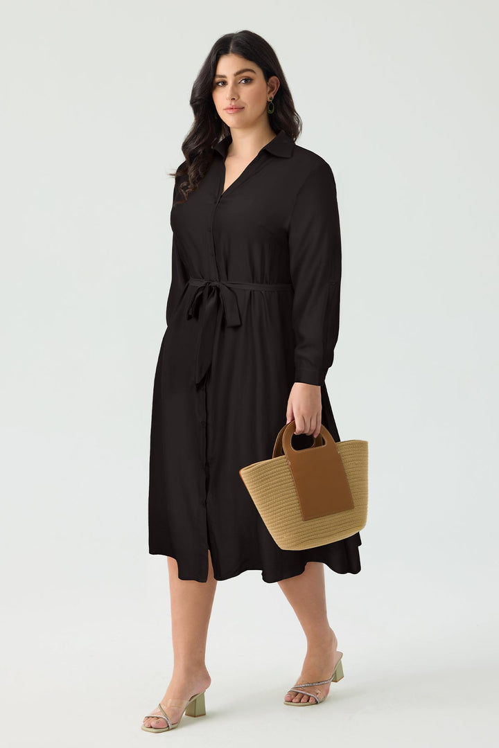 Pocket Plain Button Front Midi Dress with Tie Waist Belt