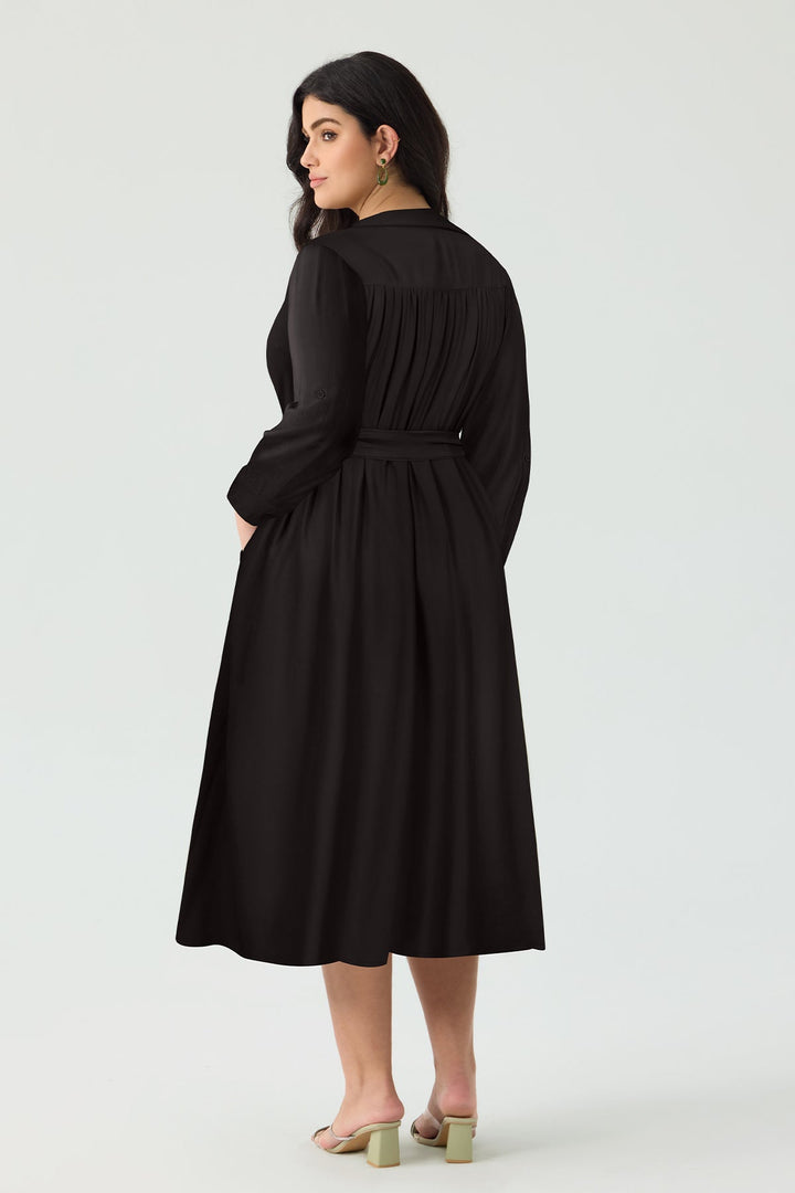Pocket Plain Button Front Midi Dress with Tie Waist Belt