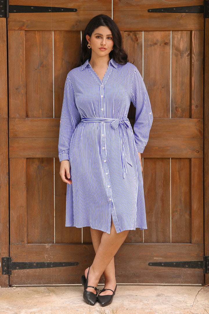 Pocket Floral Button Front Midi Dress with Tie Waist Belt
