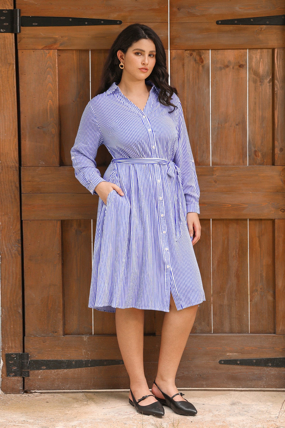 Pocket Floral Button Front Midi Dress with Tie Waist Belt