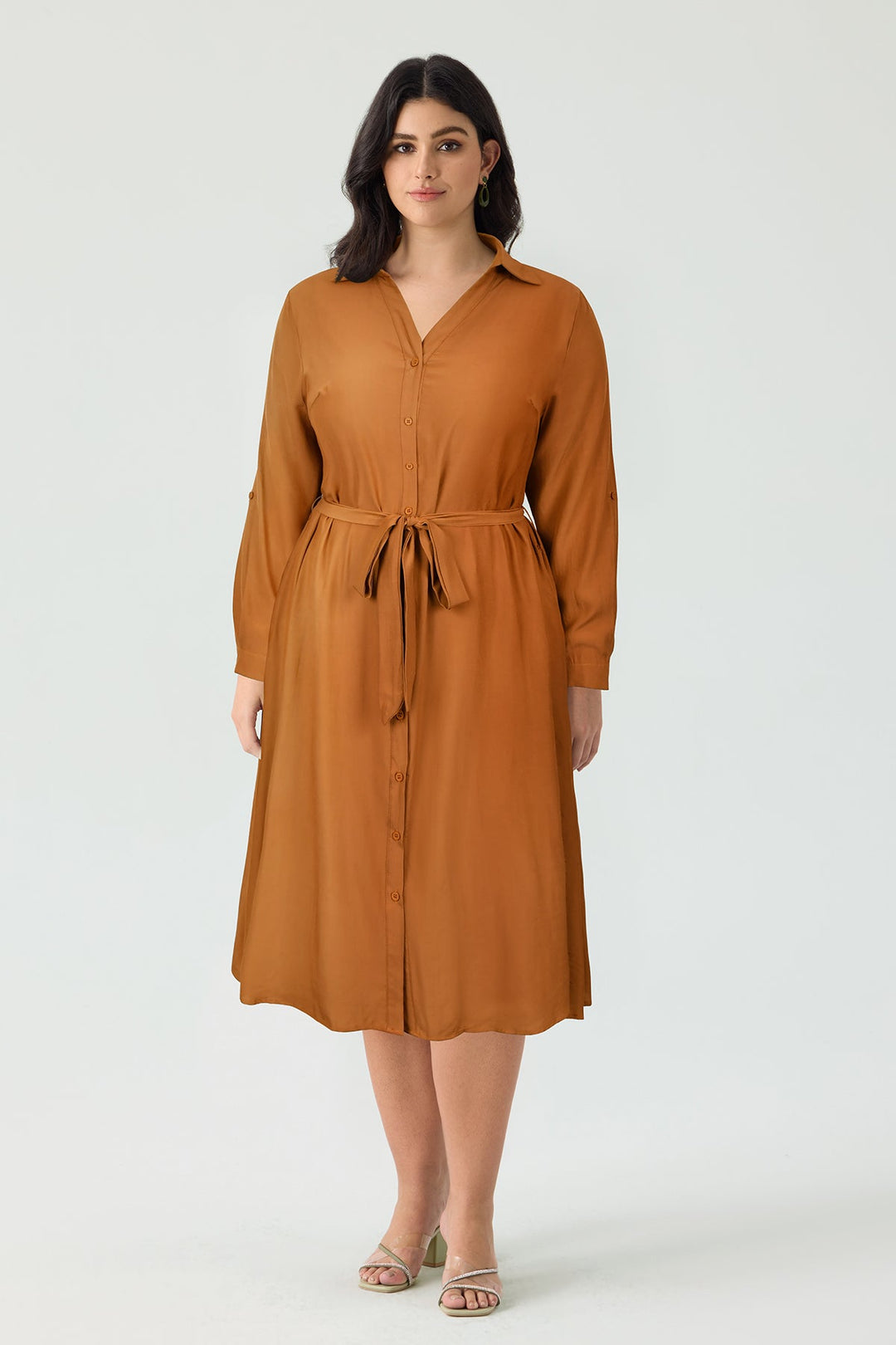 Pocket Plain Button Front Midi Dress with Tie Waist Belt