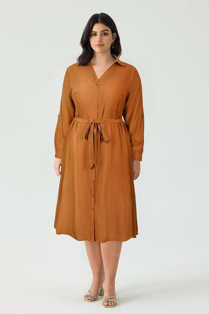 Pocket Plain Button Front Midi Dress with Tie Waist Belt
