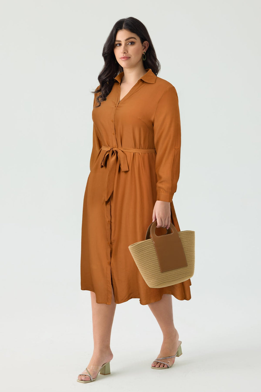 Pocket Plain Button Front Midi Dress with Tie Waist Belt