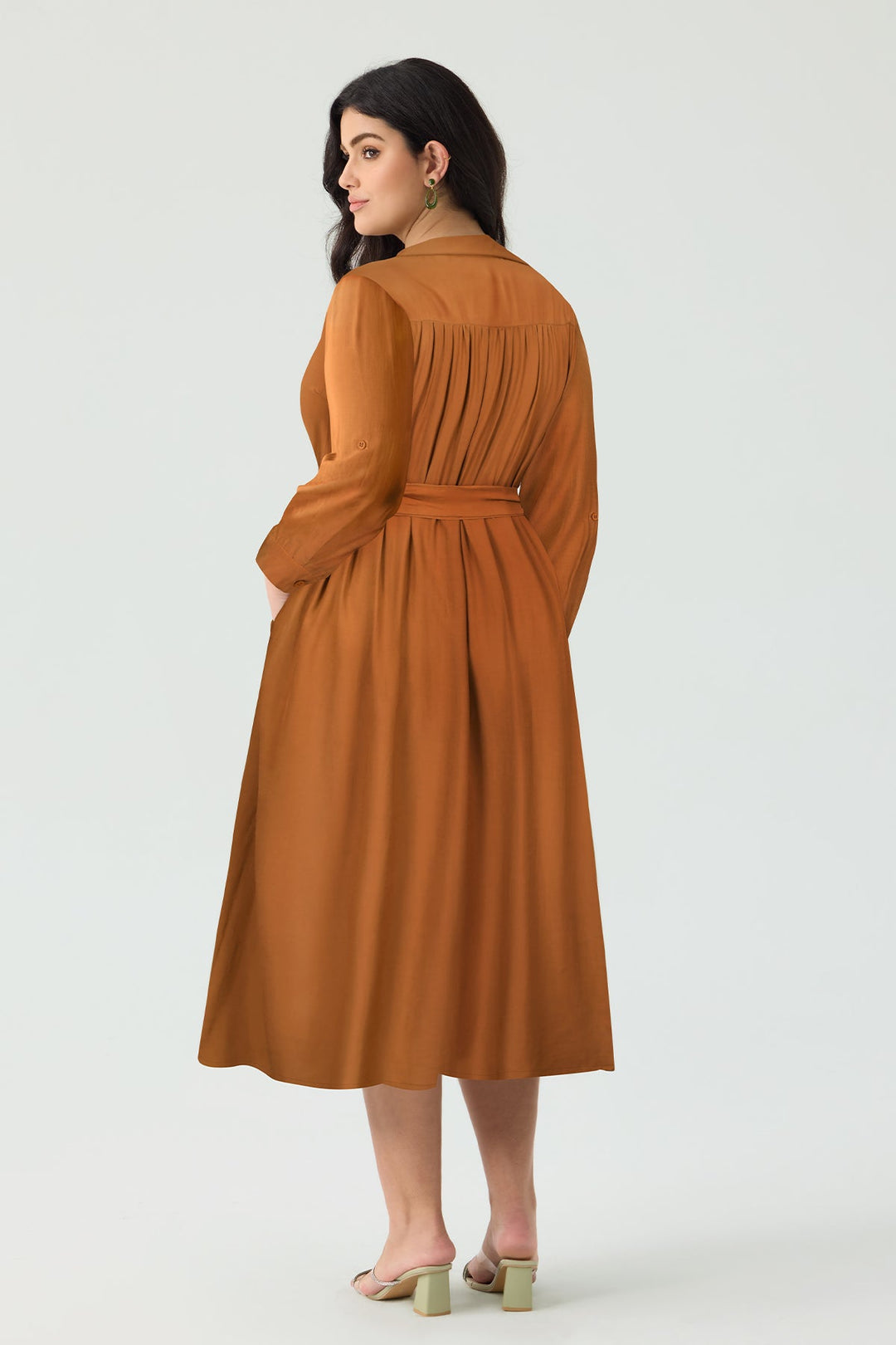 Pocket Plain Button Front Midi Dress with Tie Waist Belt