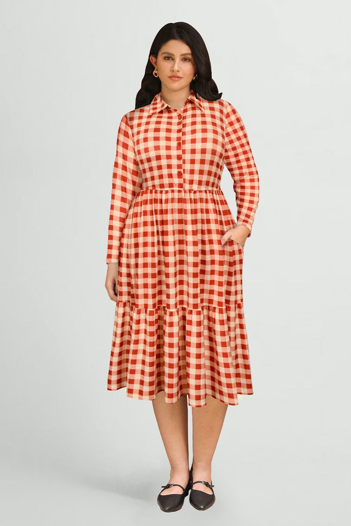 Pockets Gingham Check Print Tiered Midi Dress