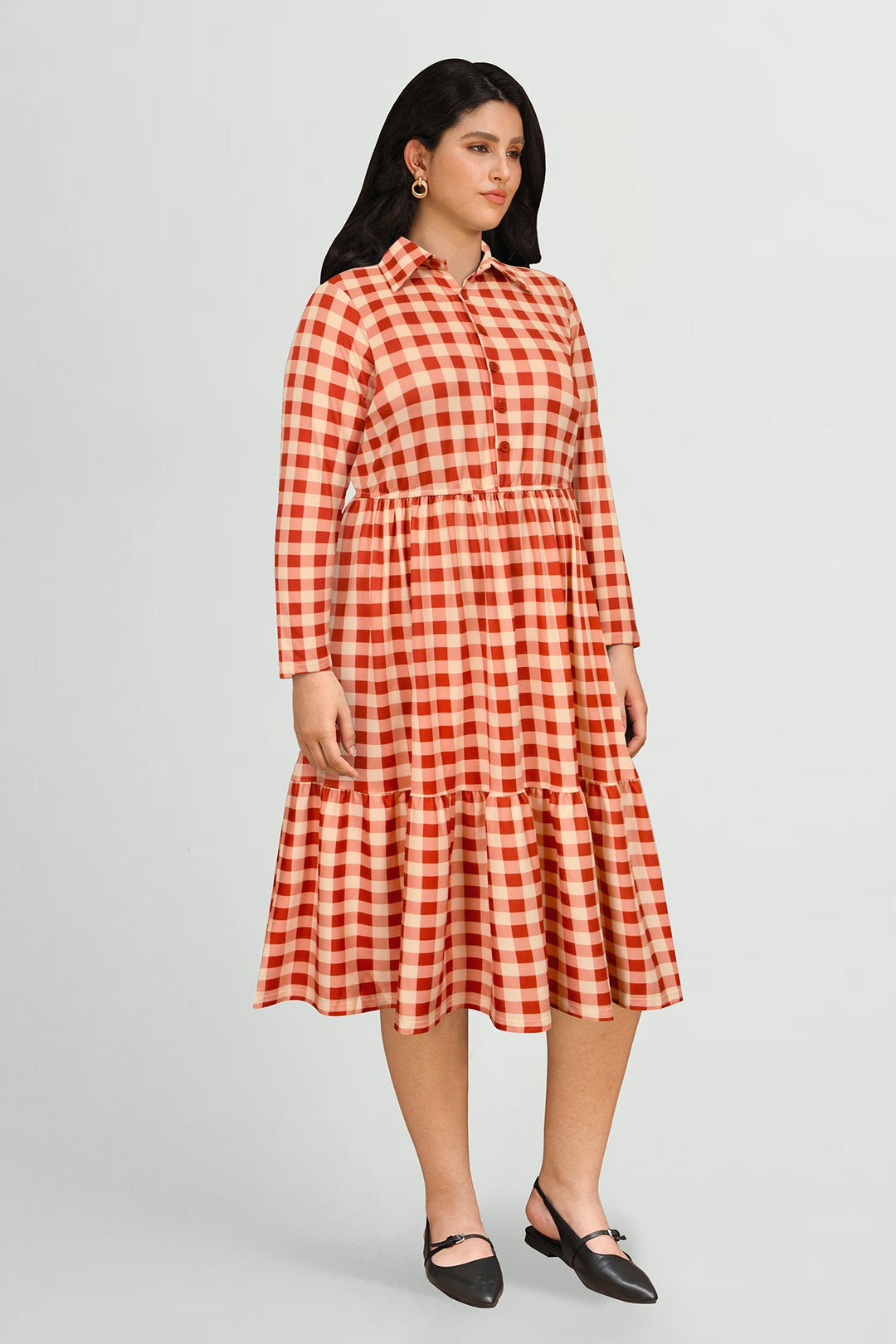 Pockets Gingham Check Print Tiered Midi Dress