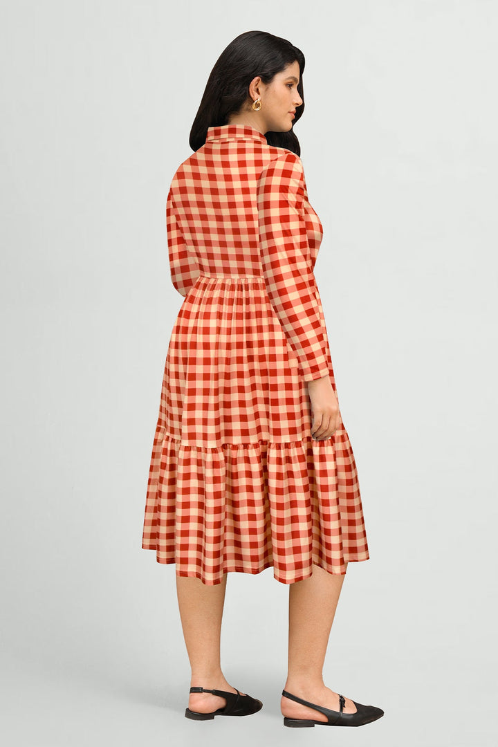 Pockets Gingham Check Print Tiered Midi Dress
