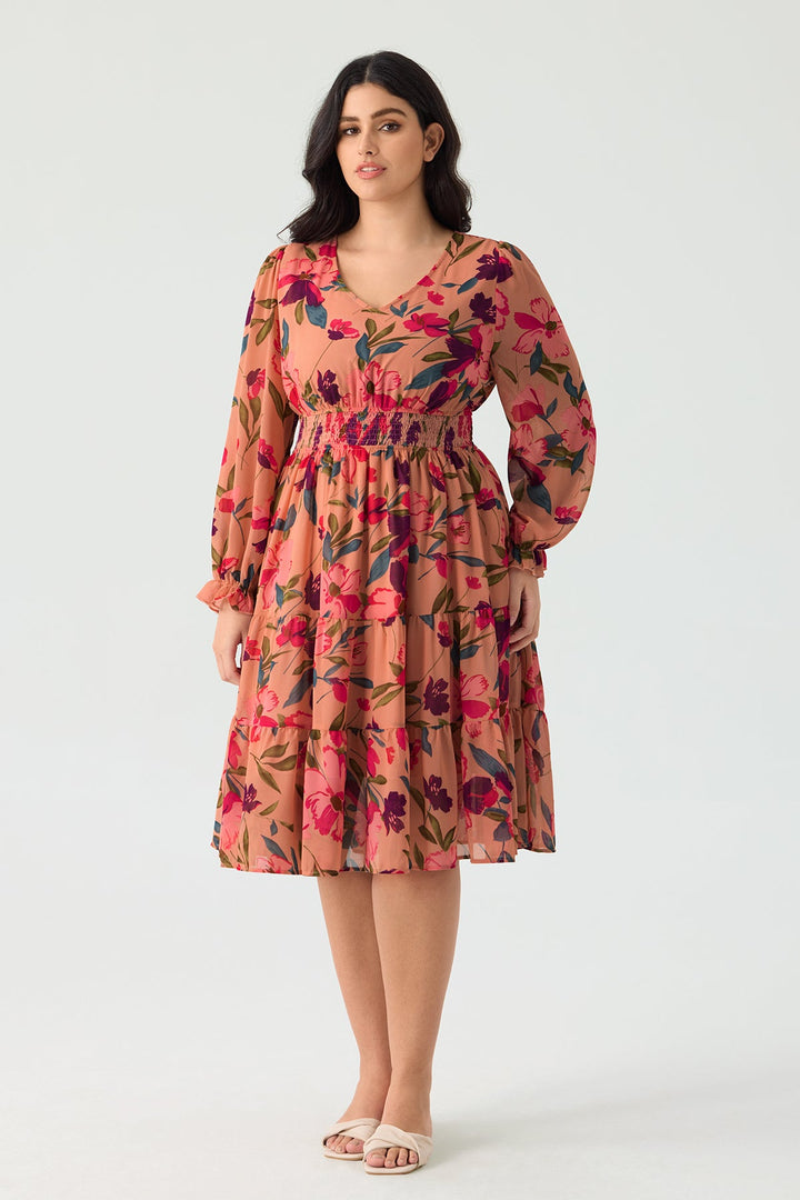 Pockets Floral Smocked Waist Long Sleeve Tiered Midi Dress