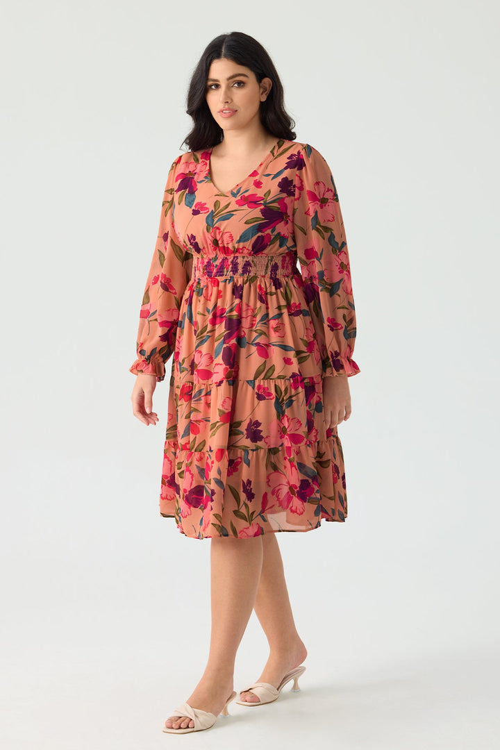 Pockets Floral Smocked Waist Long Sleeve Tiered Midi Dress