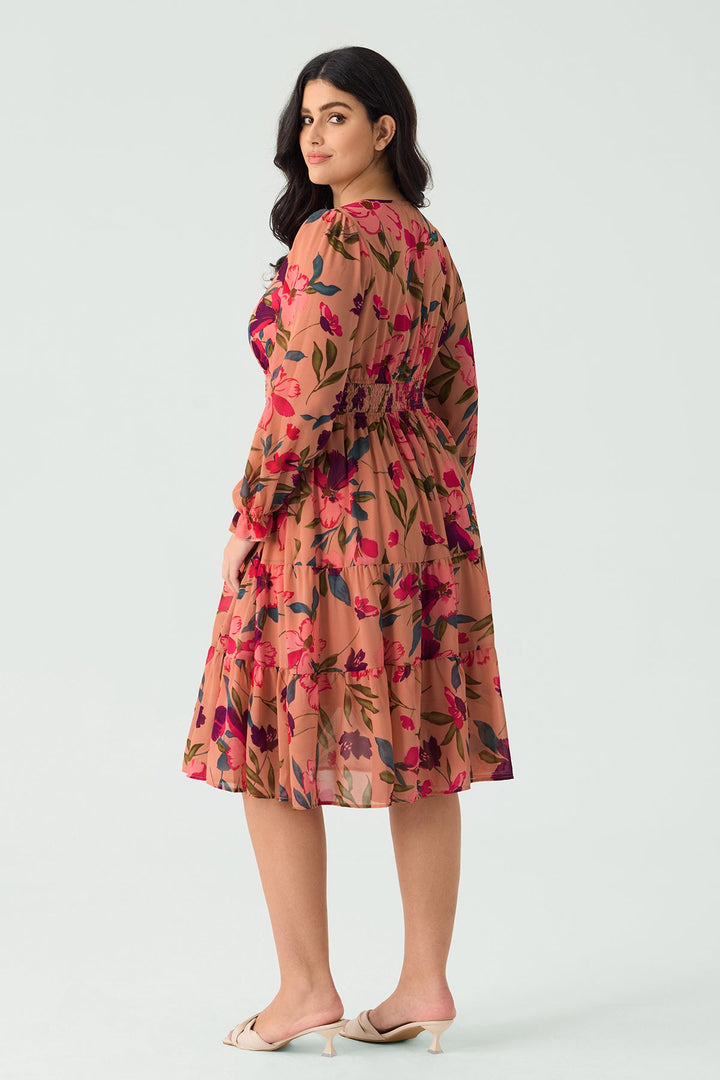 Pockets Floral Smocked Waist Long Sleeve Tiered Midi Dress