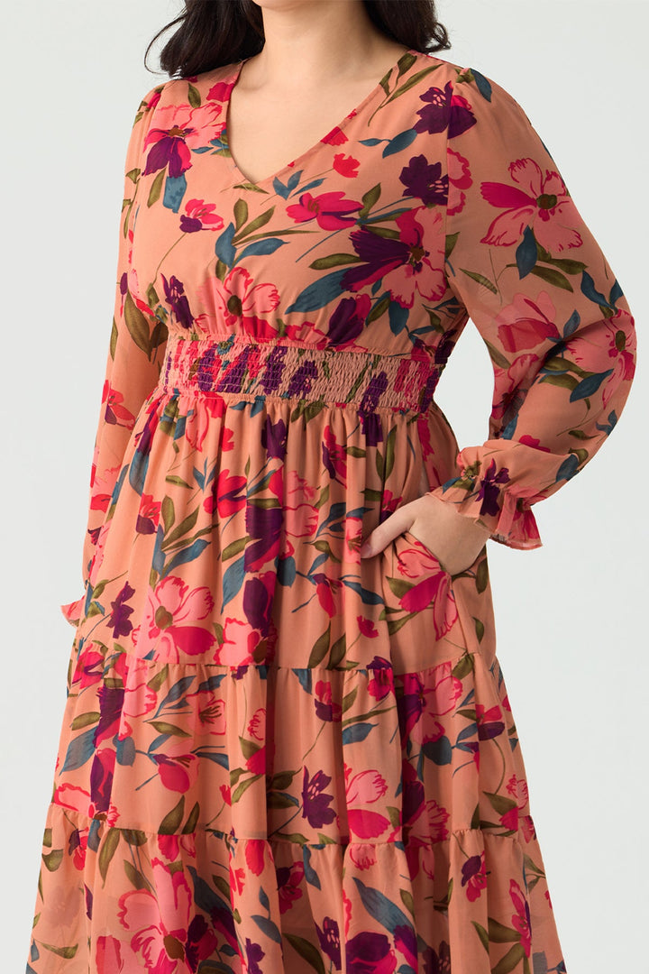 Pockets Floral Smocked Waist Long Sleeve Tiered Midi Dress