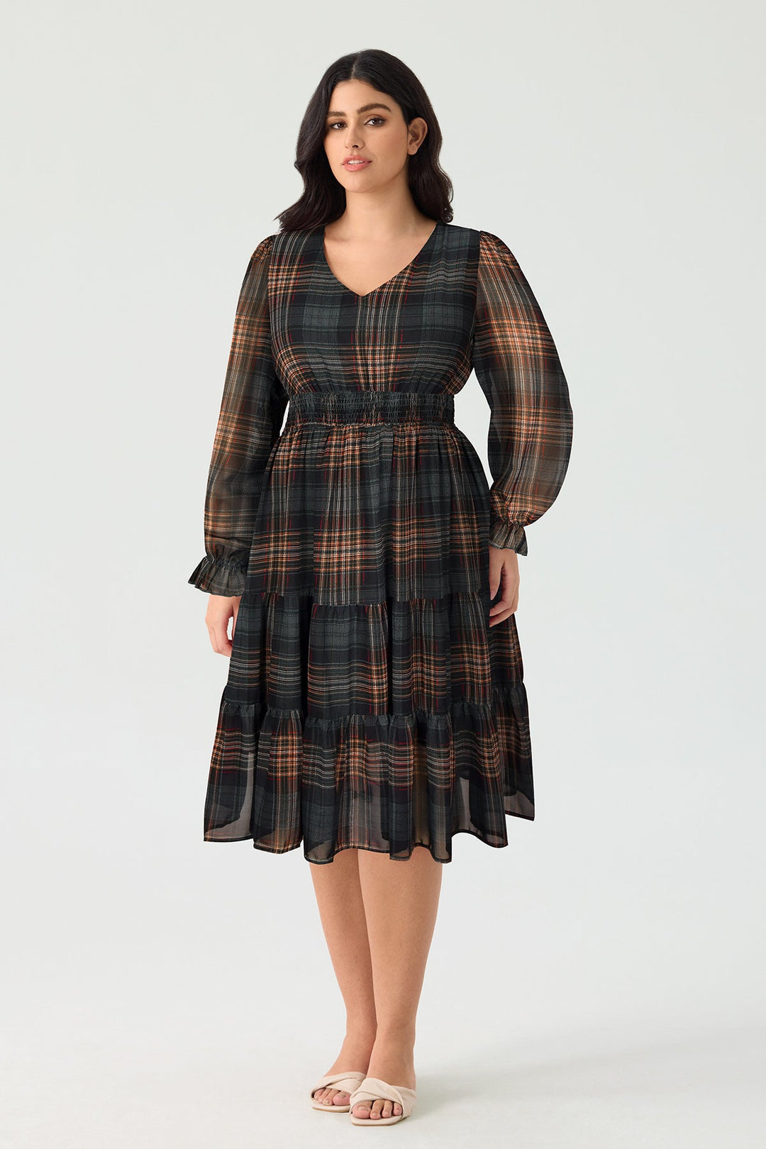 Pockets Plaid Smocked Waist Long Sleeve Tiered Midi Dress