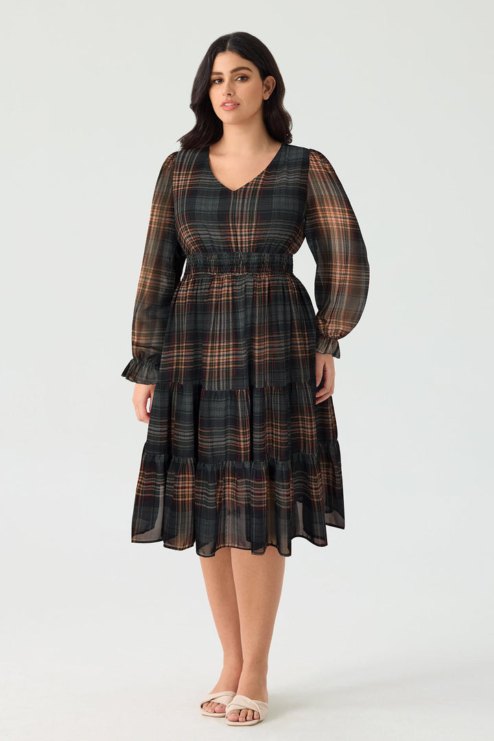 Pockets Plaid Smocked Waist Long Sleeve Tiered Midi Dress