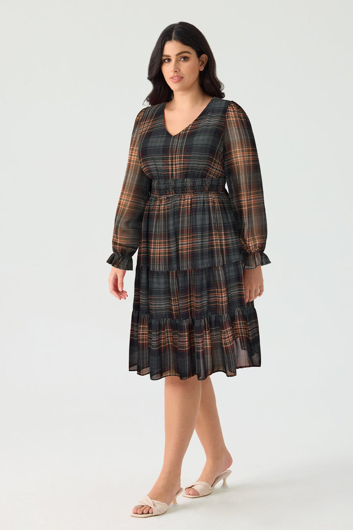Pockets Plaid Smocked Waist Long Sleeve Tiered Midi Dress
