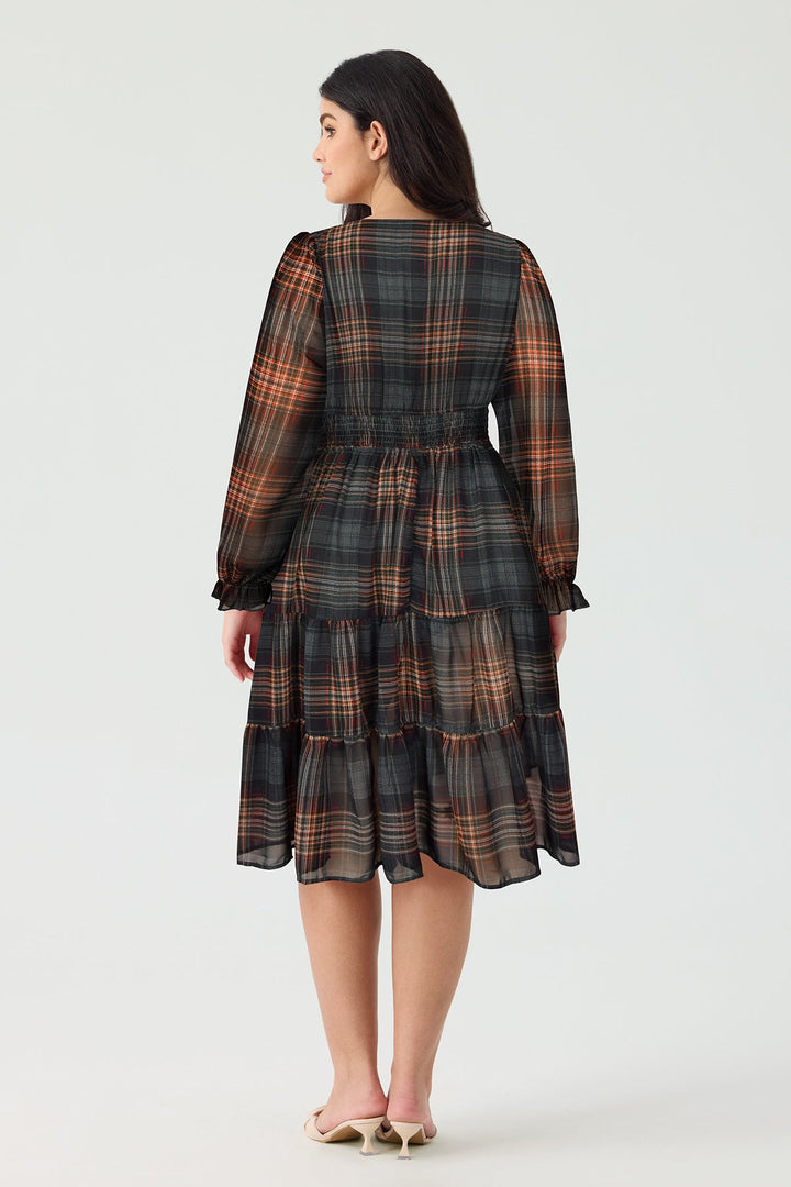 Pockets Plaid Smocked Waist Long Sleeve Tiered Midi Dress