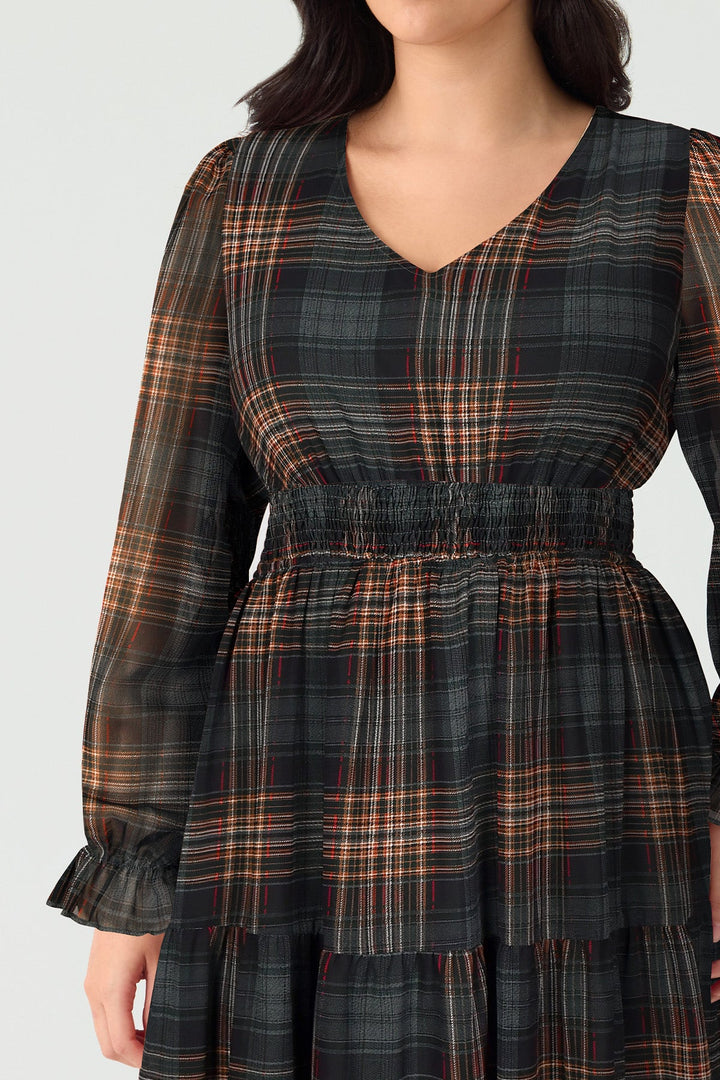 Pockets Plaid Smocked Waist Long Sleeve Tiered Midi Dress