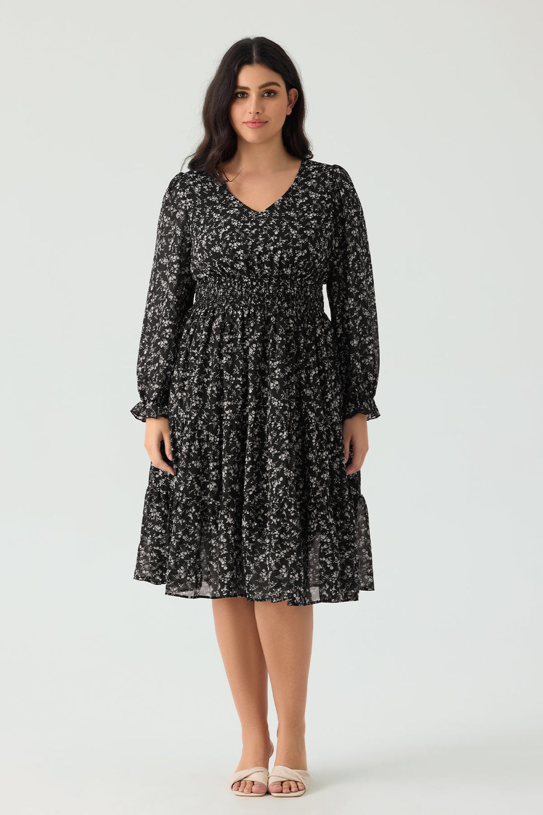 Pockets Floral Smocked Waist Long Sleeve Tiered Midi Dress