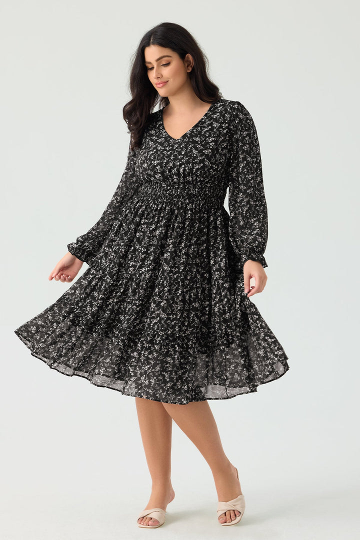 Pockets Floral Smocked Waist Long Sleeve Tiered Midi Dress