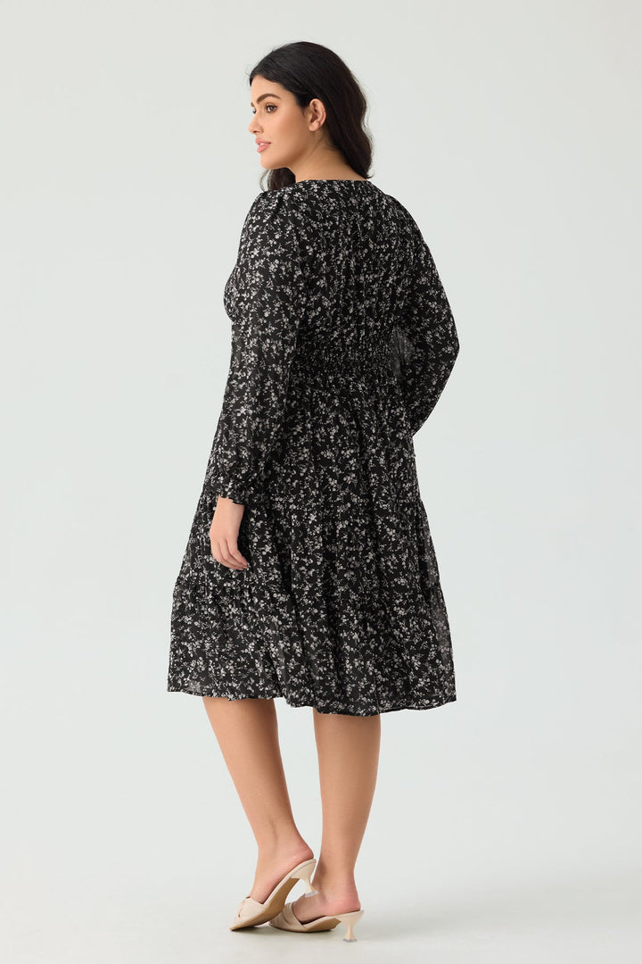 Pockets Floral Smocked Waist Long Sleeve Tiered Midi Dress