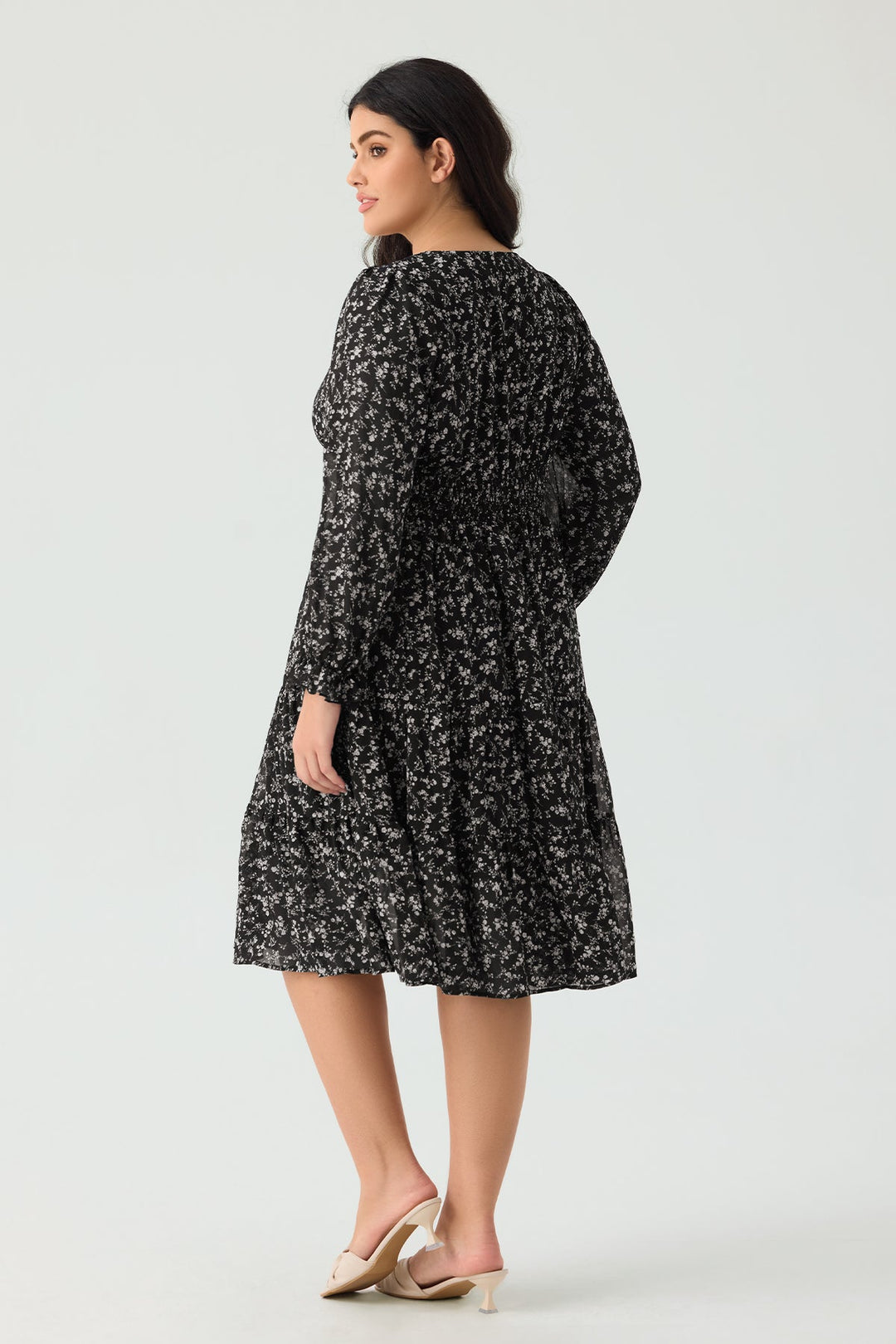 Pockets Floral Smocked Waist Long Sleeve Tiered Midi Dress