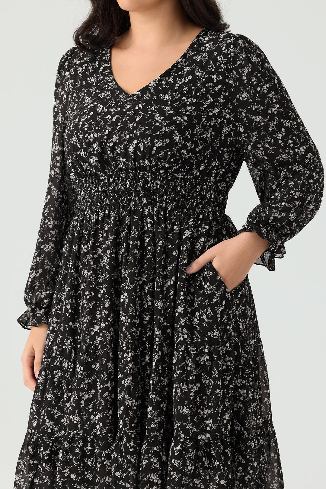 Pockets Floral Smocked Waist Long Sleeve Tiered Midi Dress
