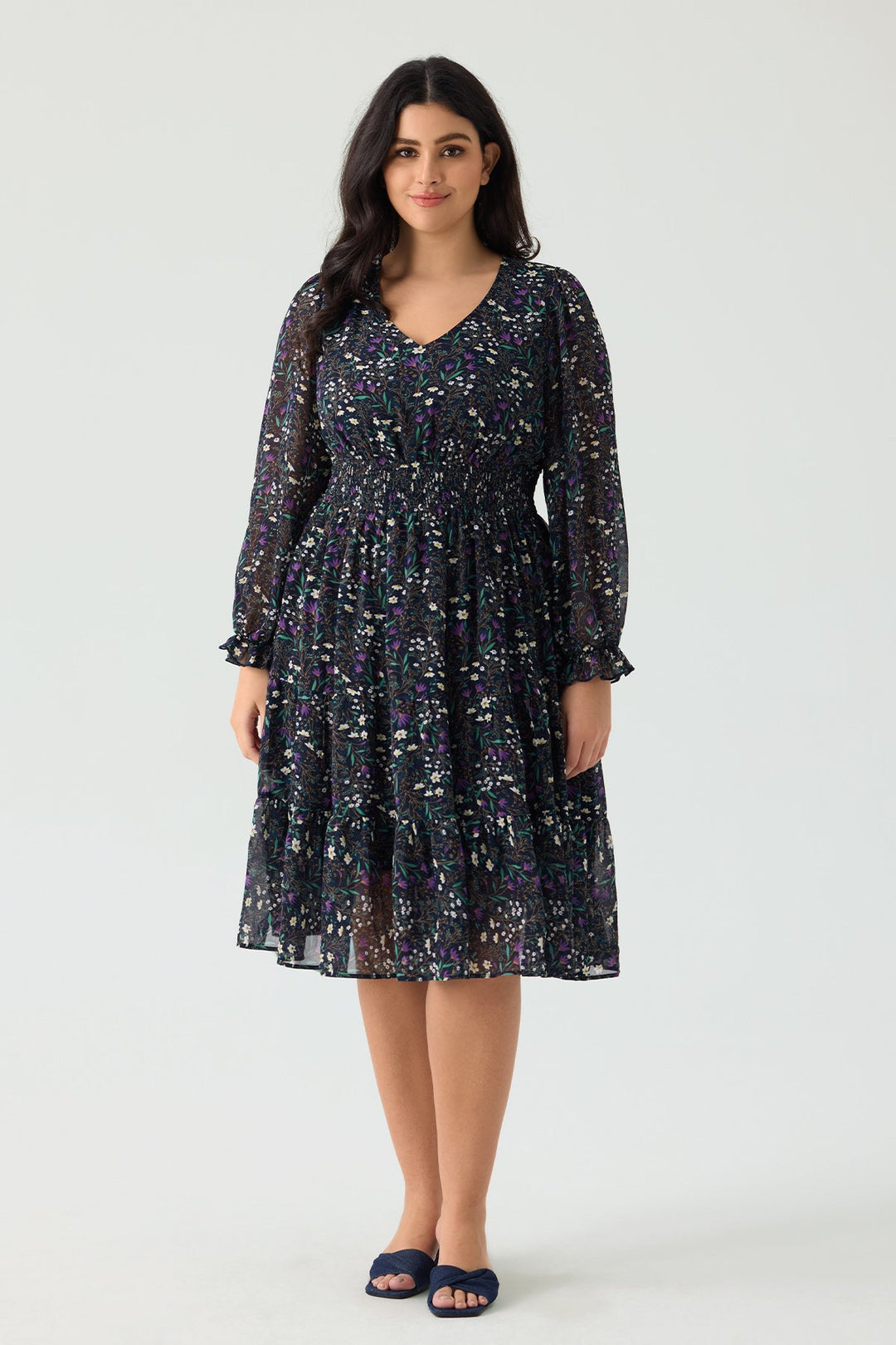 Pockets Floral Smocked Waist Long Sleeve Tiered Midi Dress