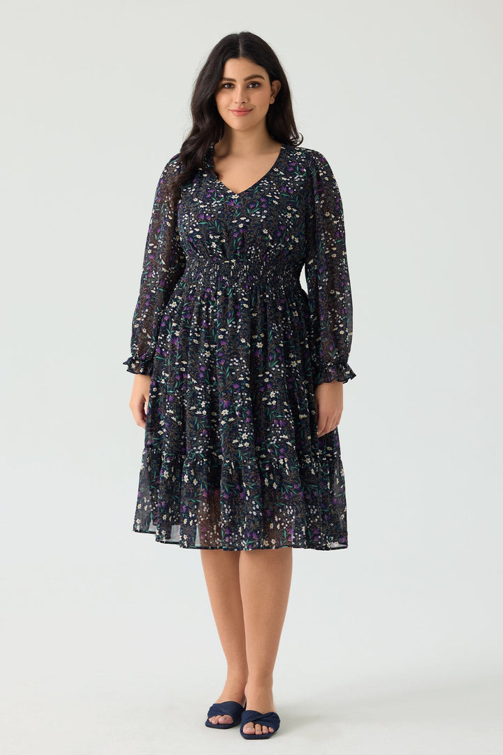 Pockets Floral Smocked Waist Long Sleeve Tiered Midi Dress