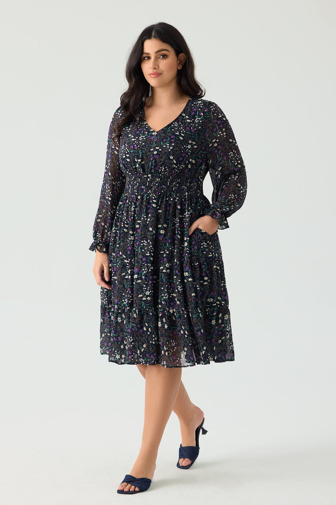 Pockets Floral Smocked Waist Long Sleeve Tiered Midi Dress