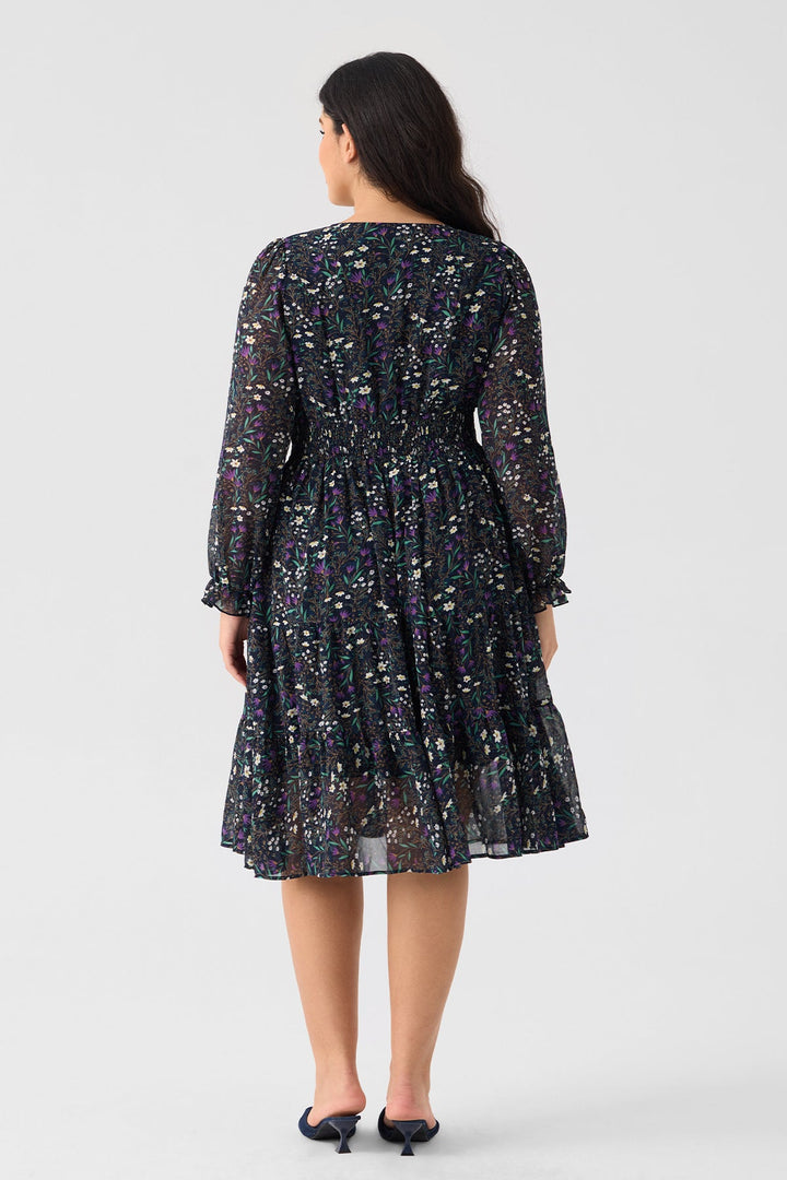 Pockets Floral Smocked Waist Long Sleeve Tiered Midi Dress