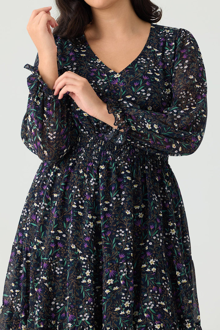 Pockets Floral Smocked Waist Long Sleeve Tiered Midi Dress