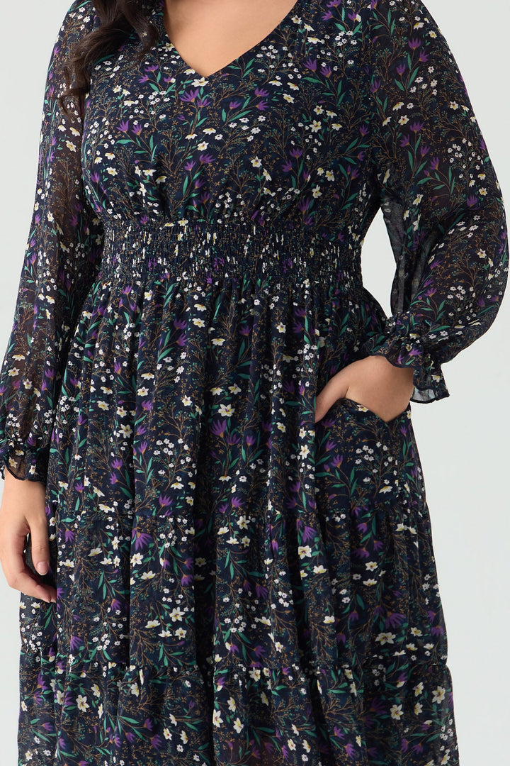 Pockets Floral Smocked Waist Long Sleeve Tiered Midi Dress