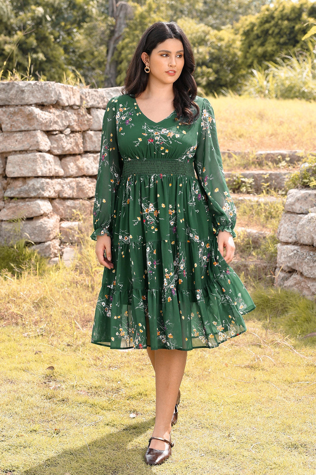 Pockets Floral Smocked Waist Long Sleeve Tiered Midi Dress