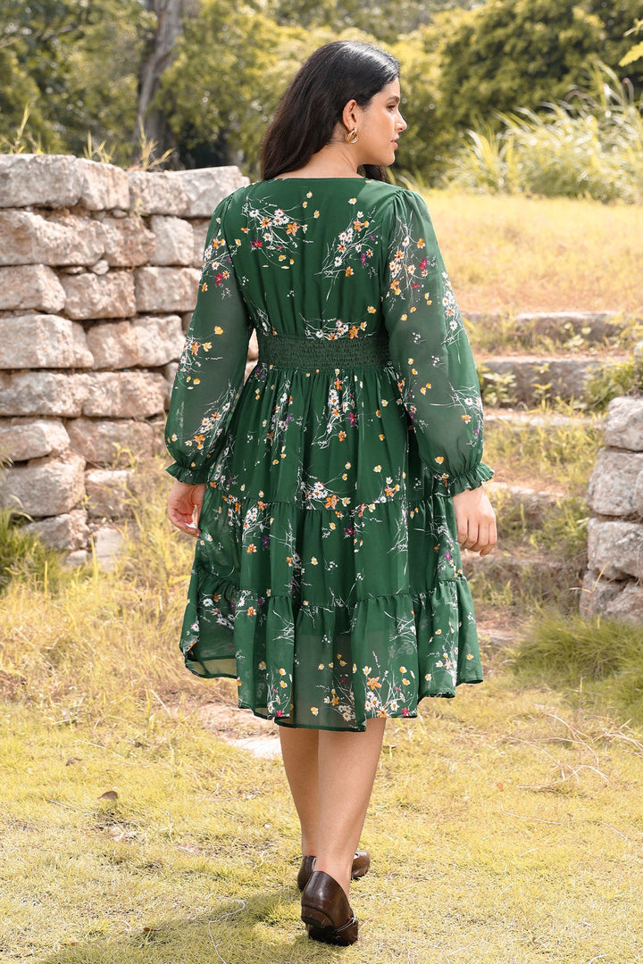 Pockets Floral Smocked Waist Long Sleeve Tiered Midi Dress