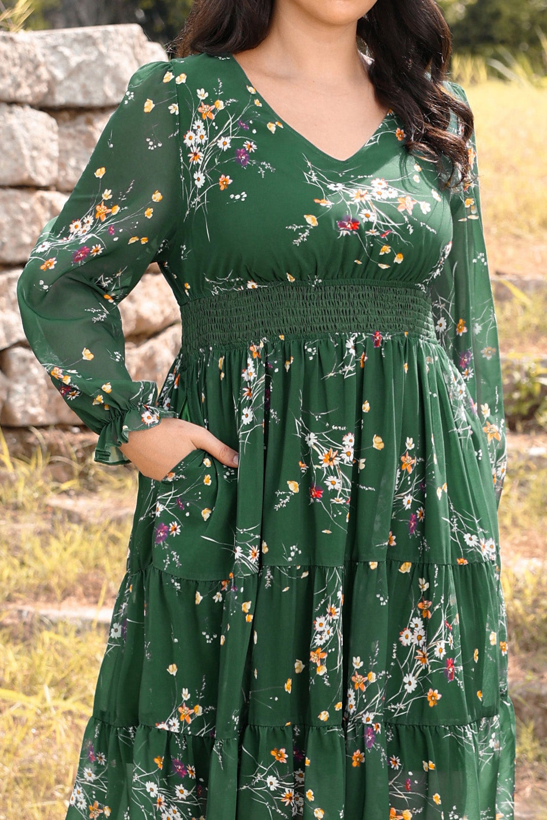 Pockets Floral Smocked Waist Long Sleeve Tiered Midi Dress
