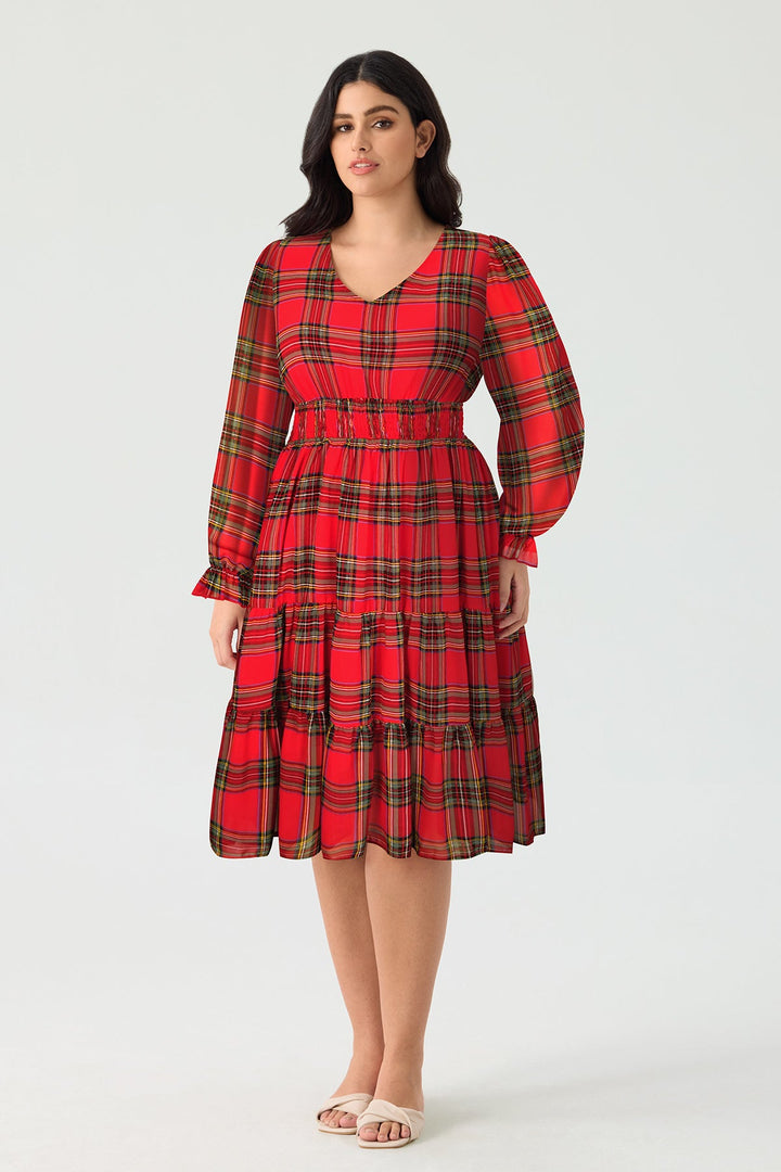 Pockets Plaid Smocked Waist Long Sleeve Tiered Midi Dress
