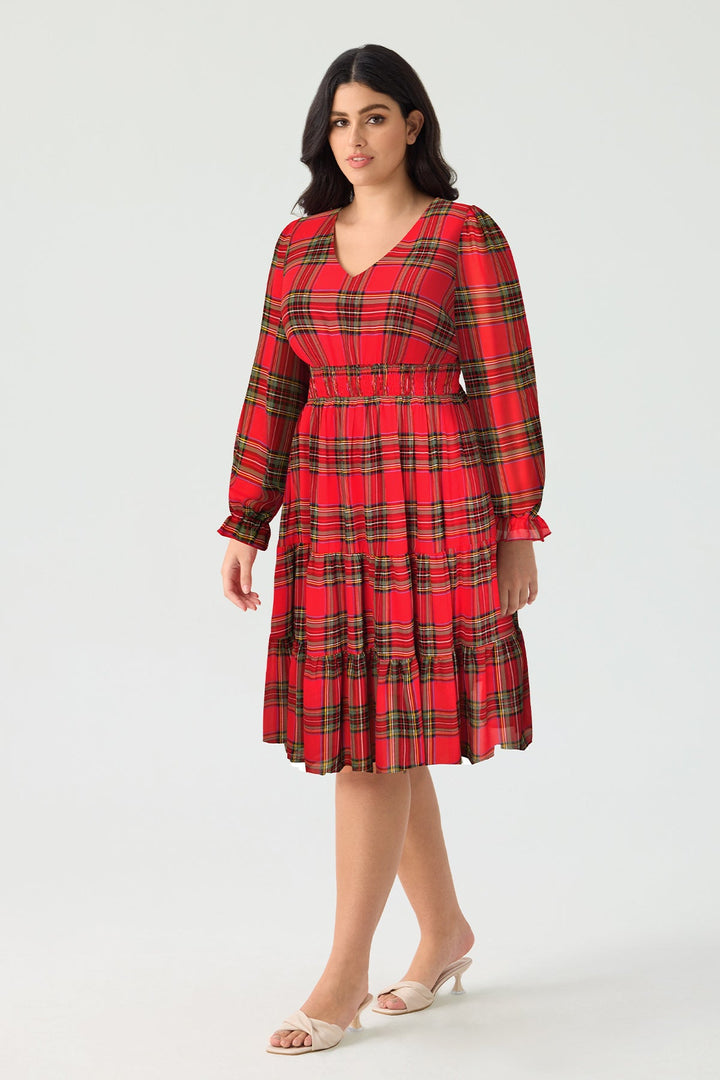 Pockets Plaid Smocked Waist Long Sleeve Tiered Midi Dress