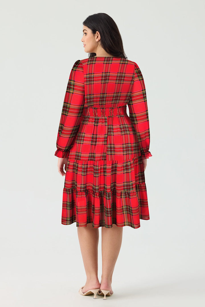 Pockets Plaid Smocked Waist Long Sleeve Tiered Midi Dress